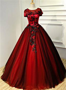 Picture of Glam Red Color and Black Color Flowers Cap Sleeves Ball Gown Sweet 16 Dresses, Princess Long Formal Dresses